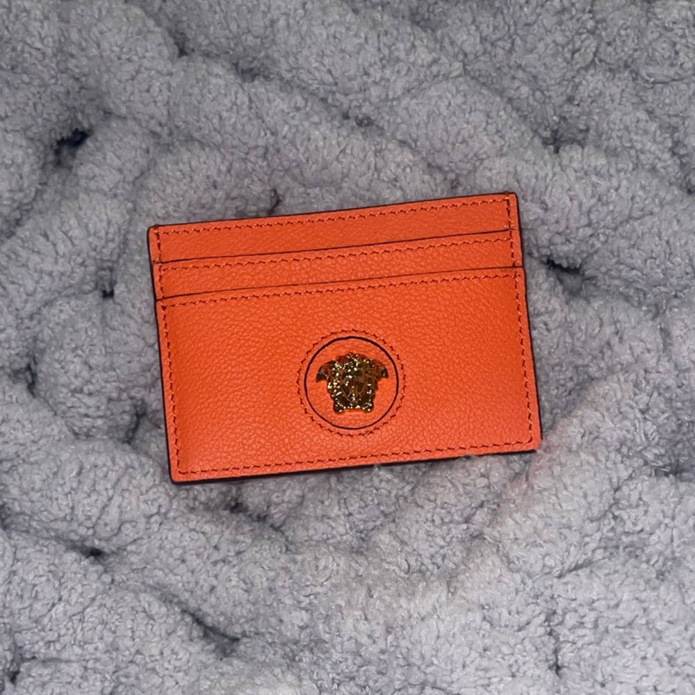 Versace Orange Card Holder w/ Gold Medusa Head